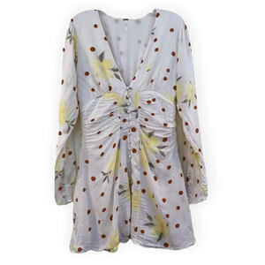 Free People Floral Dot Bohemian Ruched Button Up V Neck Long Sleeve Mini Dress S